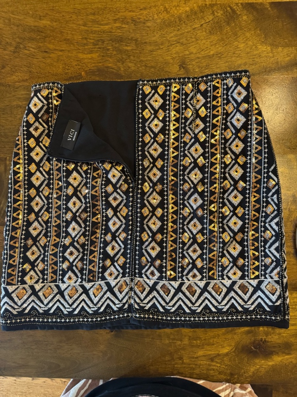 Vici Black Mini Skirt with Gold sequins, small gold beads and Grey Embroidery - Picture 6 of 9